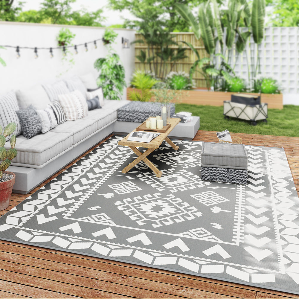 Tapis d'extérieur 9' x 12' pour camping-car, tapis de sol réversible avec sac de transport, motif patchwork losanges, gris et blanc