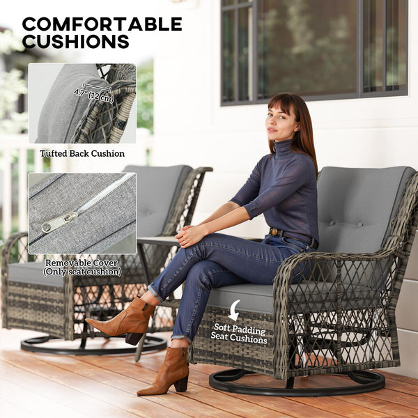 3 Piece Outdoor Bistro Set, Wicker Patio Furniture Set with Swivel Glider Chairs for Balcony, Porch, Grey