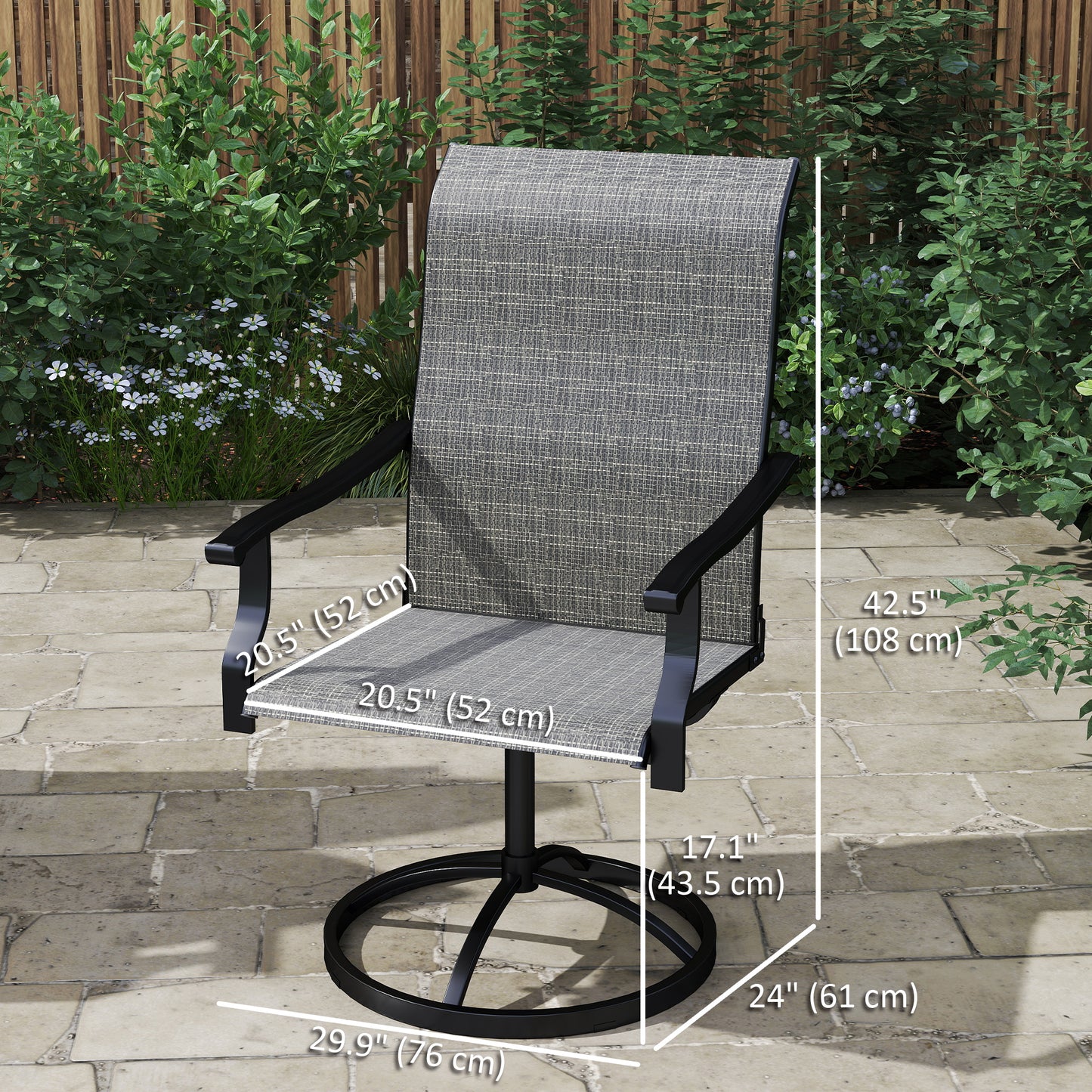 Lot de 2 chaises de salle à manger pivotantes d'extérieur, dossier haut et filet toutes saisons, gris