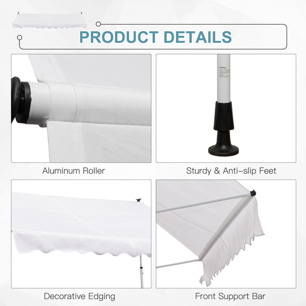 10x5ft Manual Retractable Awning, Patio Sun Shade Canopy Shelter with 5.6-9.2ft Support Pole, Water Resistant UV Protector, for Window, Door, Porch, Deck, White