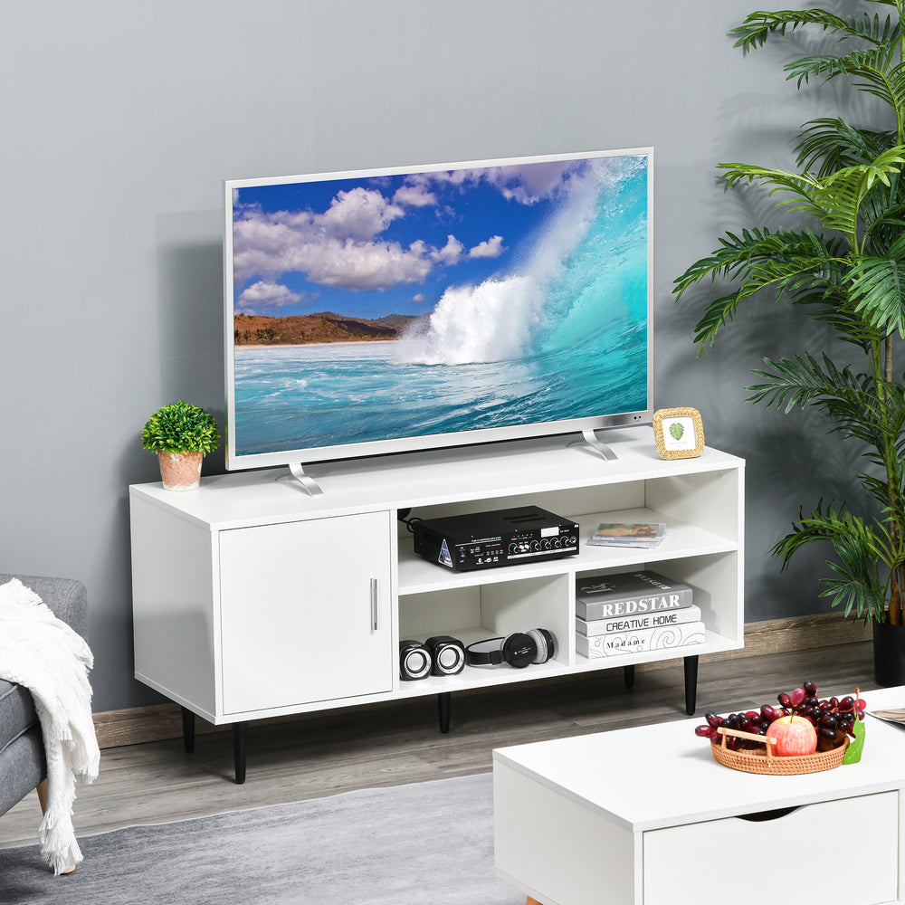 Meuble TV moderne pour téléviseurs jusqu'à 60 pouces avec étagère de rangement, blanc