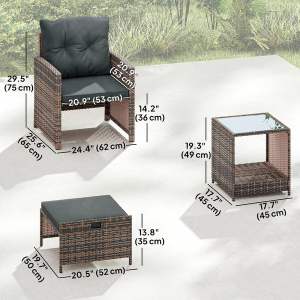 5 Piece Patio Furniture Set, Wicker Patio Chairs with Ottomans, 2-Tier Glass Coffee Table and Cushions, Brown/Dark Grey