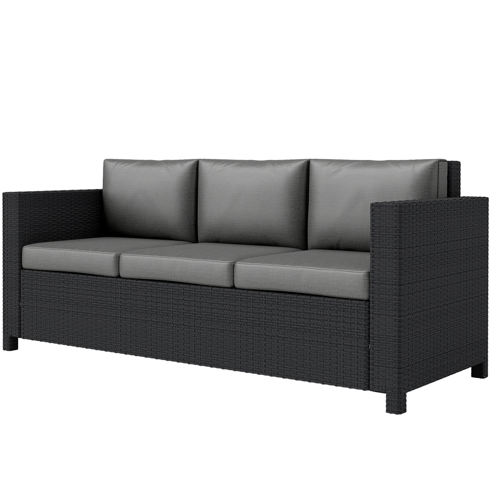 Canapé d’extérieur 3 places en rotin et osier gris avec coussin confortable, mobilier de jardin idéal pour espace extérieur moderne