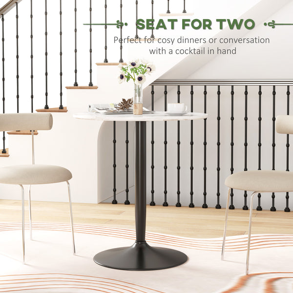 Table de cuisine moderne pour 2 personnes, ronde avec piètement en acier, marbre blanc