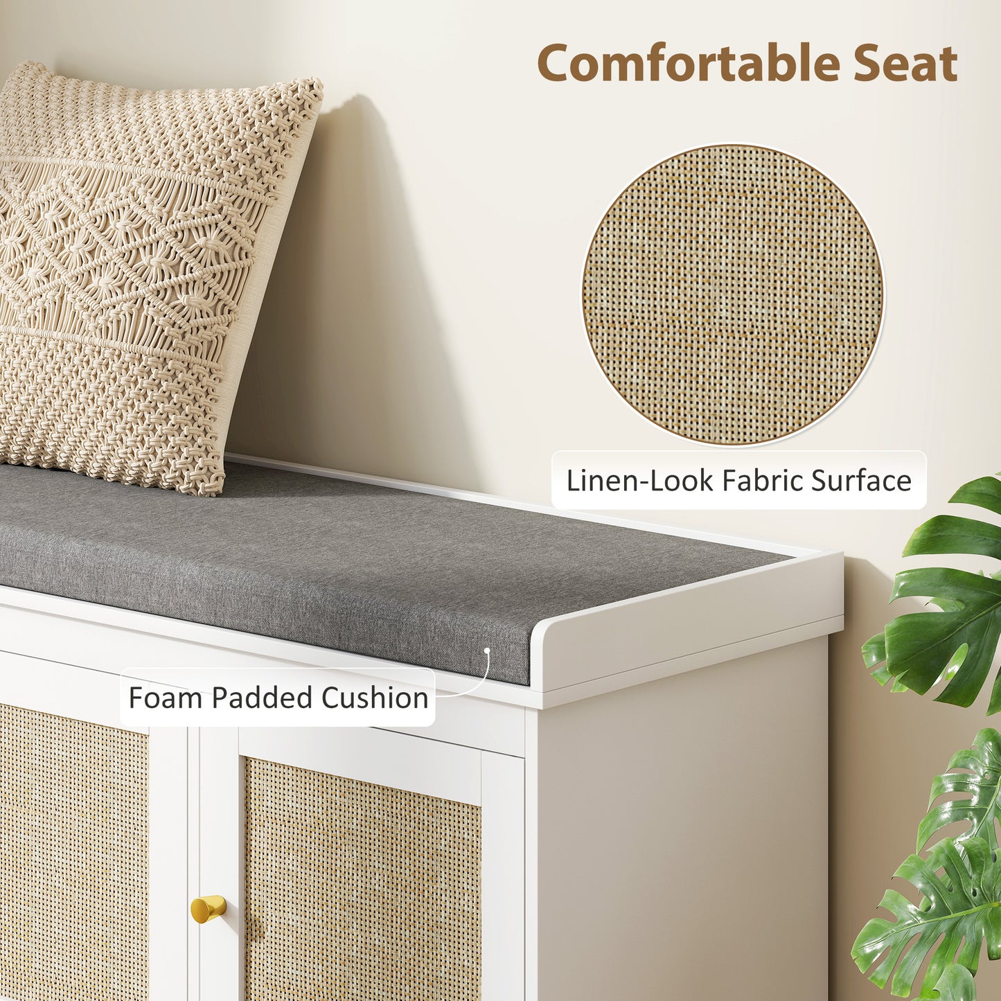 Bbanc d'entrée avec portes en rotin tressé et coussin, étagères réglables, blanc