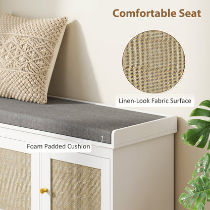 Bbanc d'entrée avec portes en rotin tressé et coussin, étagères réglables, blanc