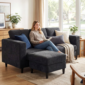 Canapé en L avec méridienne modulable, pieds en bois, noir