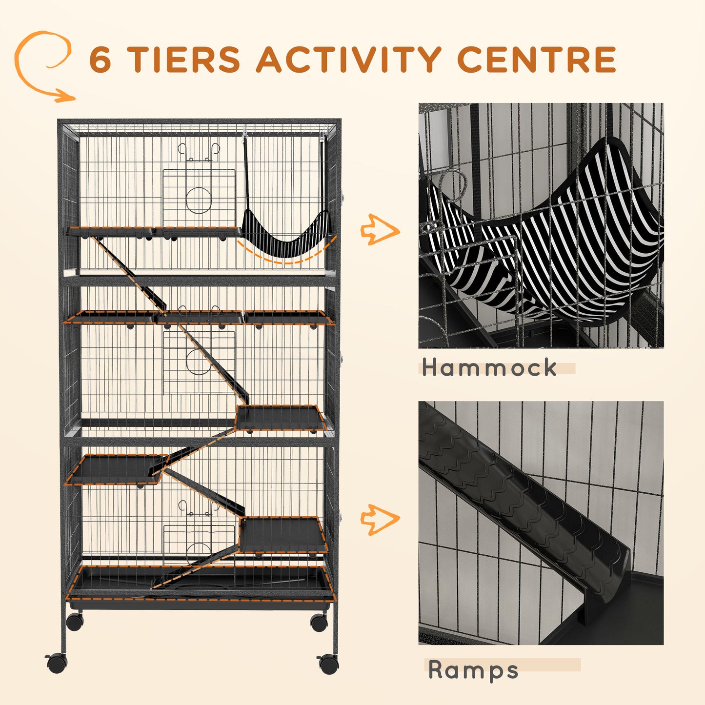 6 Tier Rabbit Cage with Locking Casters for Rabbits, Chinchillas and Ferrets, Black