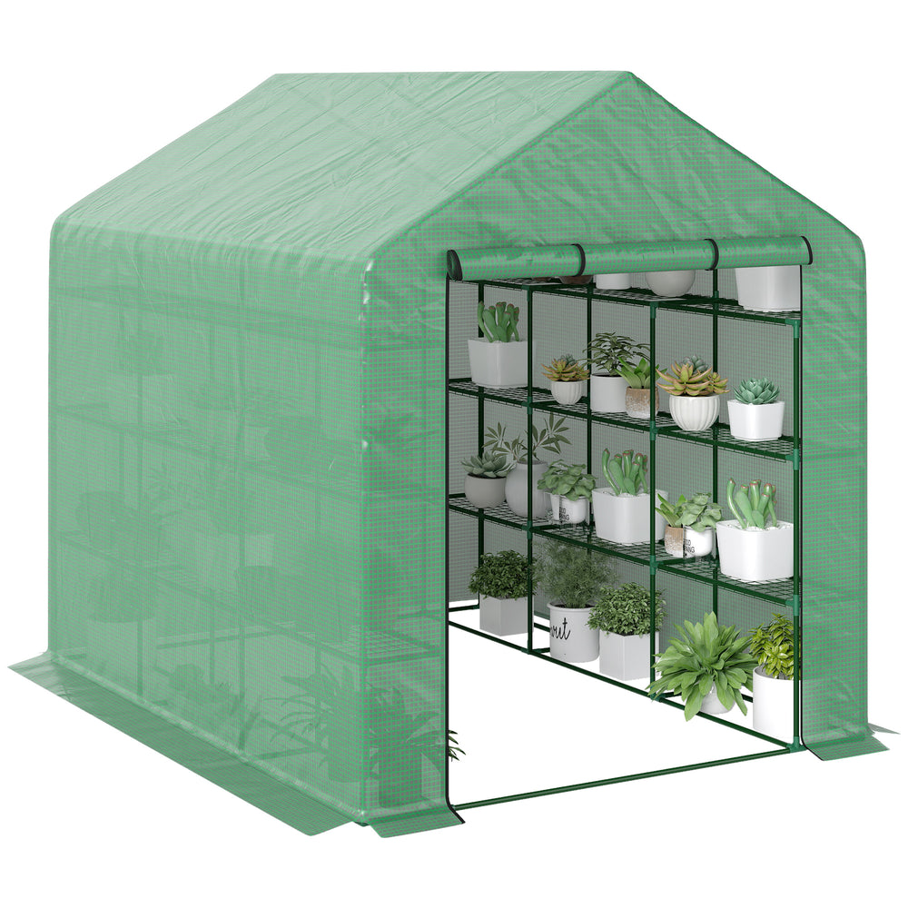 Portable greenhouse with 18 shelves and roll-up door