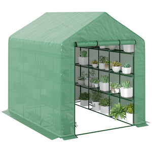 Portable greenhouse with 18 shelves and roll-up door
