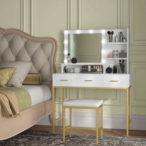 Coiffeuse lumineuse LED avec miroir, 3 tiroirs et étagères de rangement, blanc