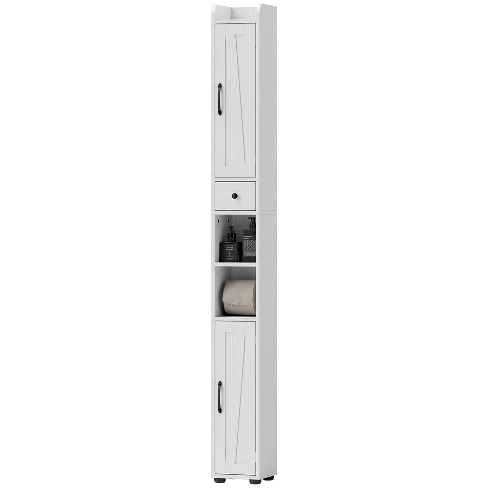 Meuble de salle de bain étroit  avec portes de grange, tiroir et étagères réglables, aspect bois blanc