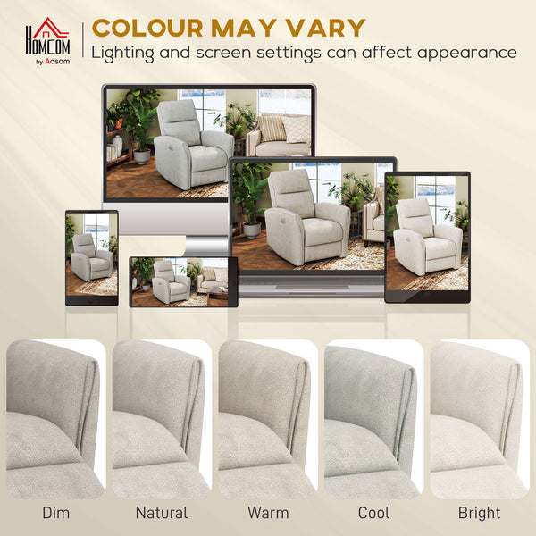 Fauteuil inclinable électrique, revêtement en tissu, ports USB, repose-pieds, beige