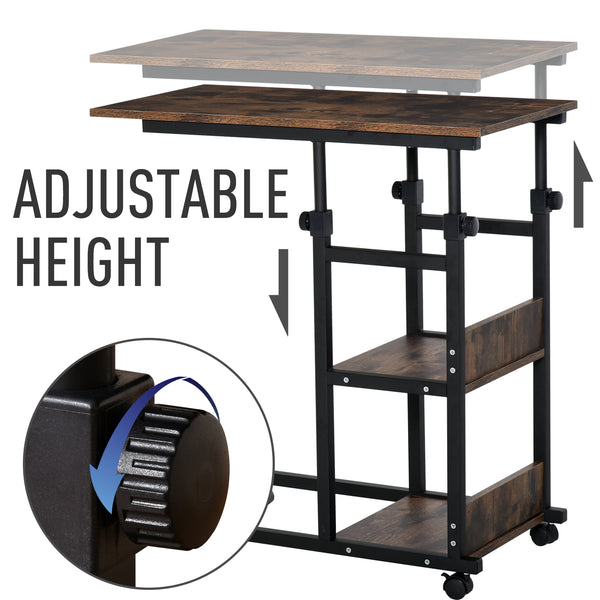 Bureau debout mobile à hauteur réglable avec roulettes, marron rustique