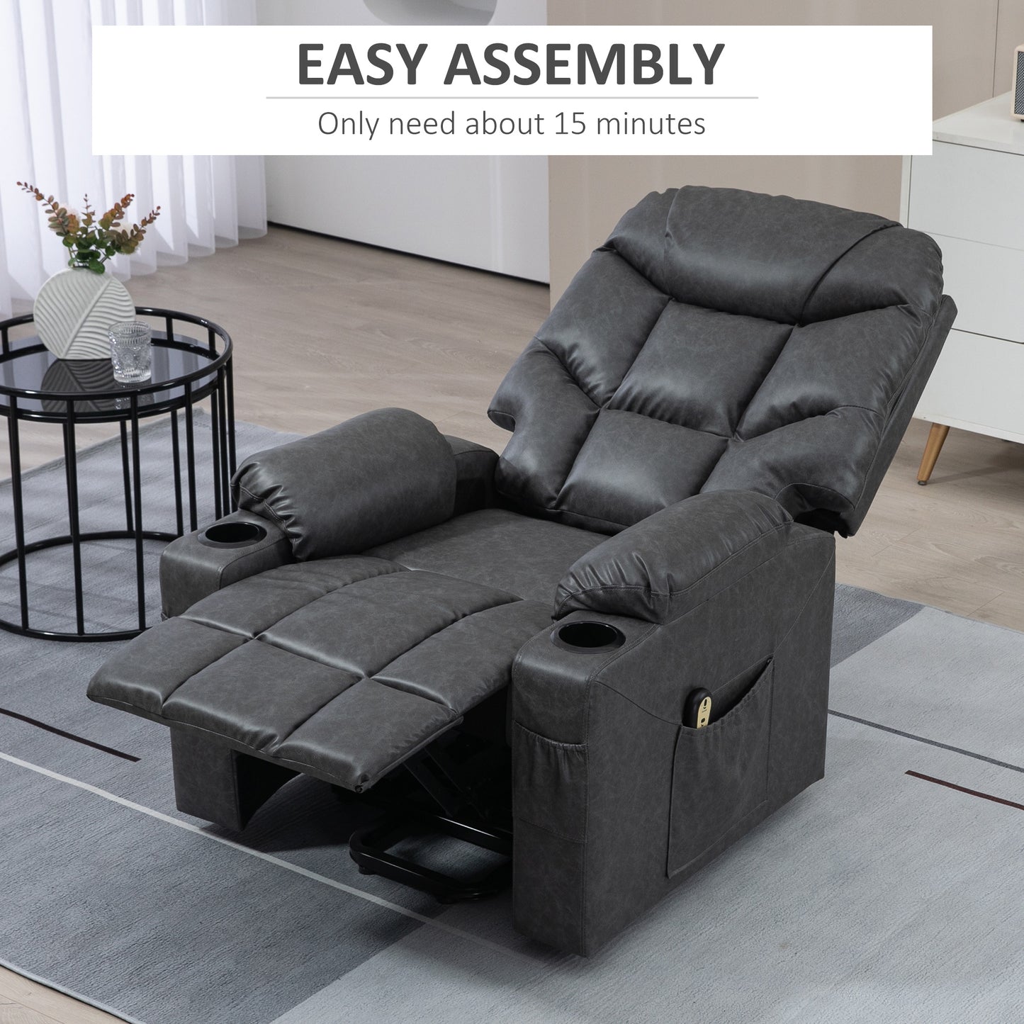 Fauteuil releveur inclinable électrique en cuir avec montage rapide, télécommande, porte-gobelets, poches latérales, gris