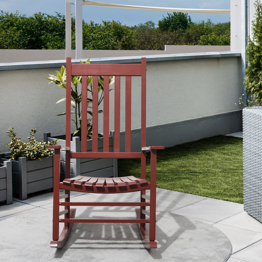 Wooden Porch Rocking Chair Outdoor Patio Rocker Garden Single Leisure Reclining Seat Armchair Wine Red