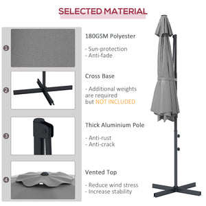 Parasol déporté 3 m, en aluminium, pivotant à 360°, avec manivelle, inclinable et base croisée, gris