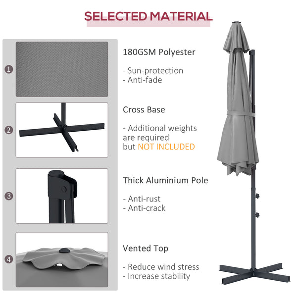 Parasol déporté 3 m, en aluminium, pivotant à 360°, avec manivelle, inclinable et base croisée, gris