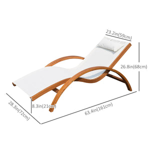Chaise longue d'extérieur en bois, inclinable, avec appui-tête et assise en maille, couleur crème.
