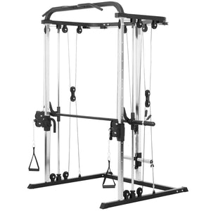 Machine à squat 3 en 1 avec système de câbles croisés, station de traction, rack à squats à 16 niveaux et barre d'haltères