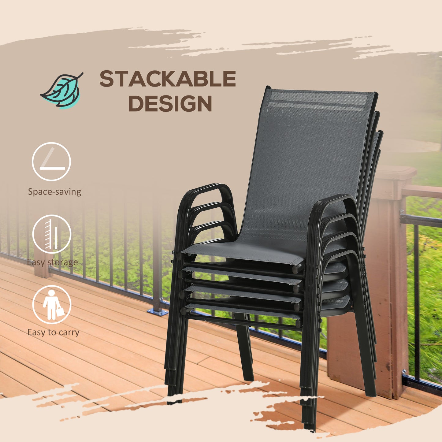 Lot de 4 chaises de salle à manger d'extérieur, robustes et empilables, avec accoudoirs, gris foncé