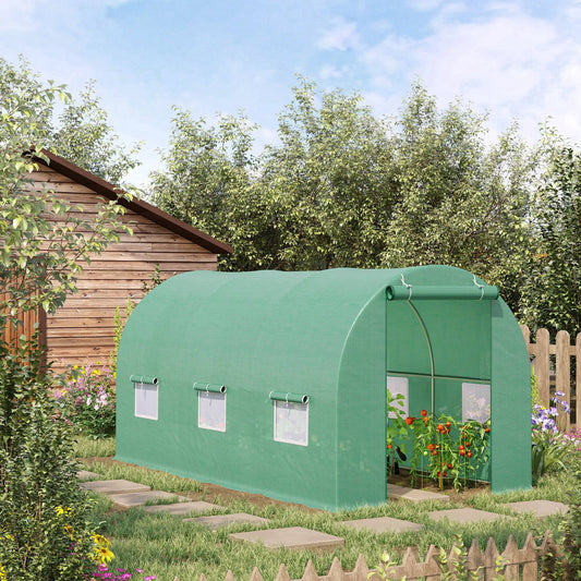 Outsunny 15' x 6.6' x 6.6' Tunnel Greenhouse with Roll-up Doors and Windows Warm Greenhouse for Growing Outdoor Plants