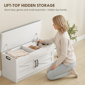 Banc de rangement à chaussures avec armoire à 2 niveaux, couvercle rabattable, coussin rembourré pour couloir, blanc