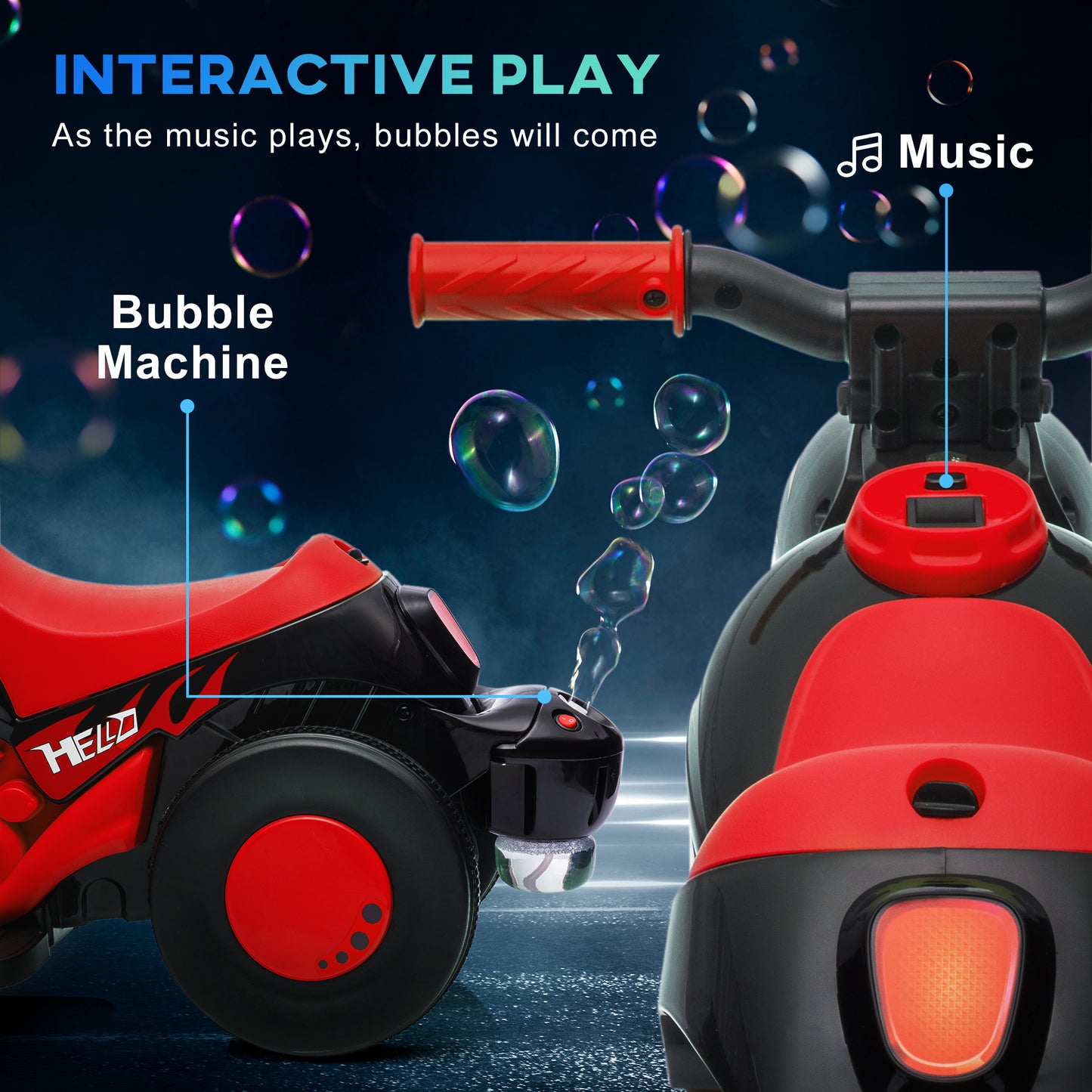 Moto électrique pour enfants, voiture à bulles 6 V avec phare LED, musique, pédale, pour 2 à 5 ans, noire et rouge