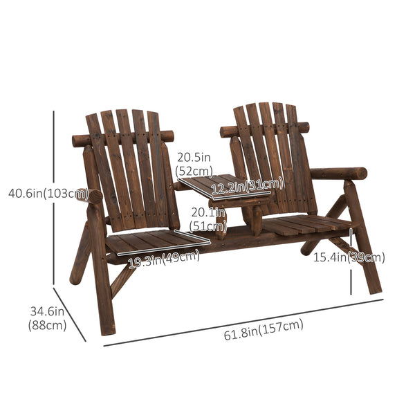 Wood Adirondack Patio Chair Bench with Center Coffee Table, for Lounging and Relaxing Outdoors Carbonized