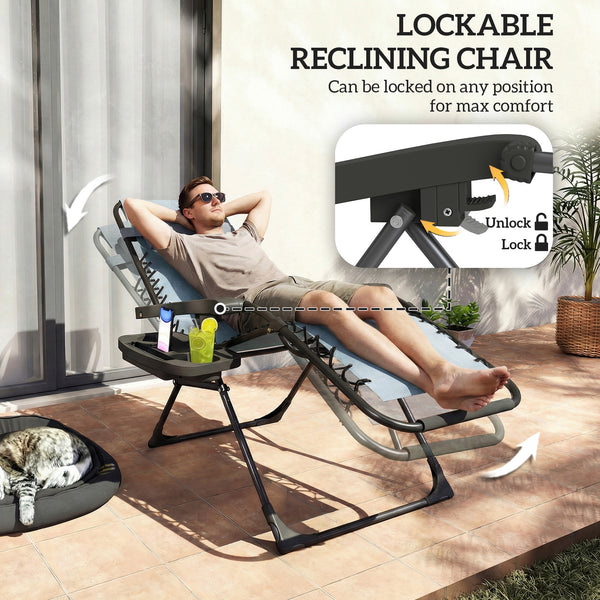Ensemble de 2 chaises longues d'extérieur Zero Gravity, pliantes et inclinables, avec porte-gobelet et appui-tête, gris clair
