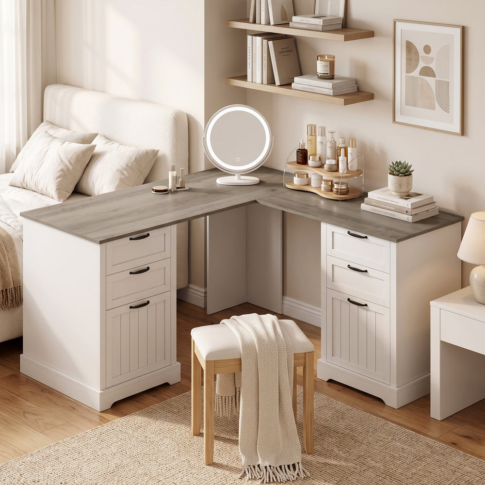 Bureau en L à 6 tiroirs avec prises et USB, blanc et brun