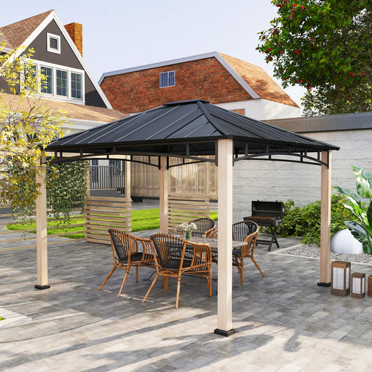 Gazebo 10' x 12' à toit rigide avec toit en métal, structure en grain de bois, auvent d'extérieur pour patio,