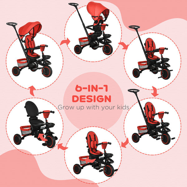 6-in-1 Toddler Tricycle for 12-50 Months, Foldable with Adjustable Seat, Safety Harness, Removable Canopy, Red