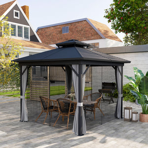 10x10 Gazebo with Double-Tier Metal Roof, Mosquito Netting, and Hanging Hook, Light Gray