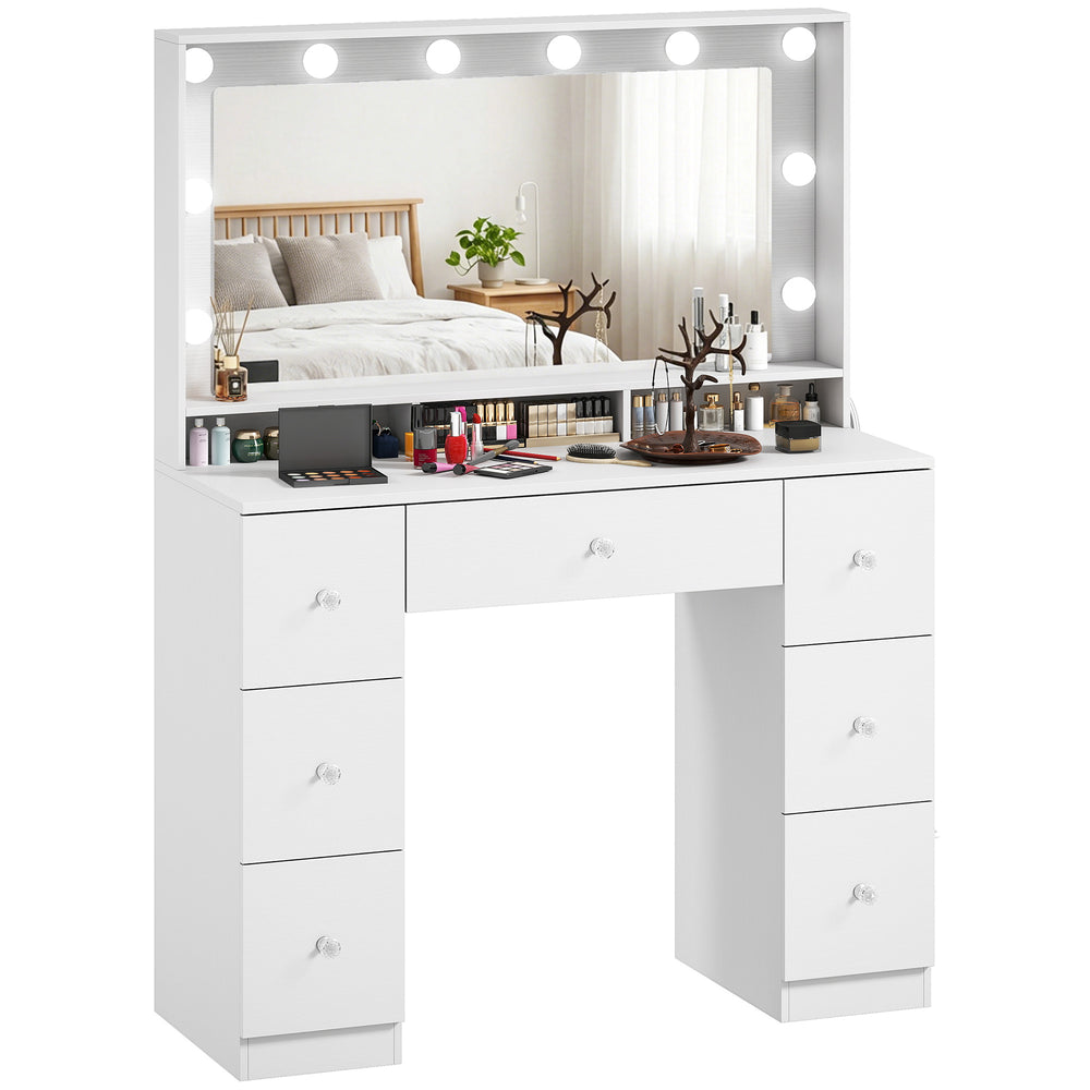 Vanity Table with 10 Dimmable LED Lights and Charging Station, White