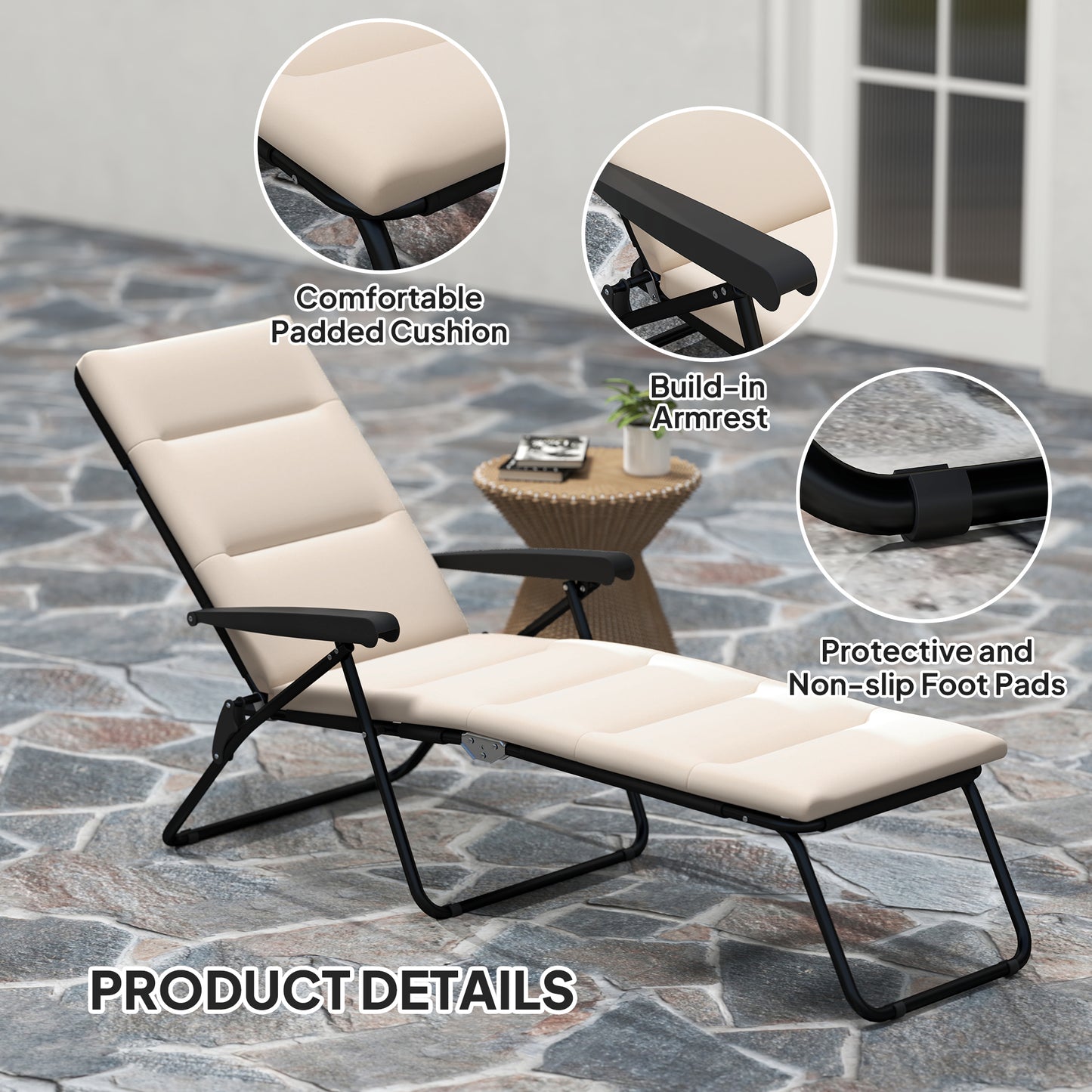 Chaise longue inclinable avec dossier réglable sur 6 positions, beige