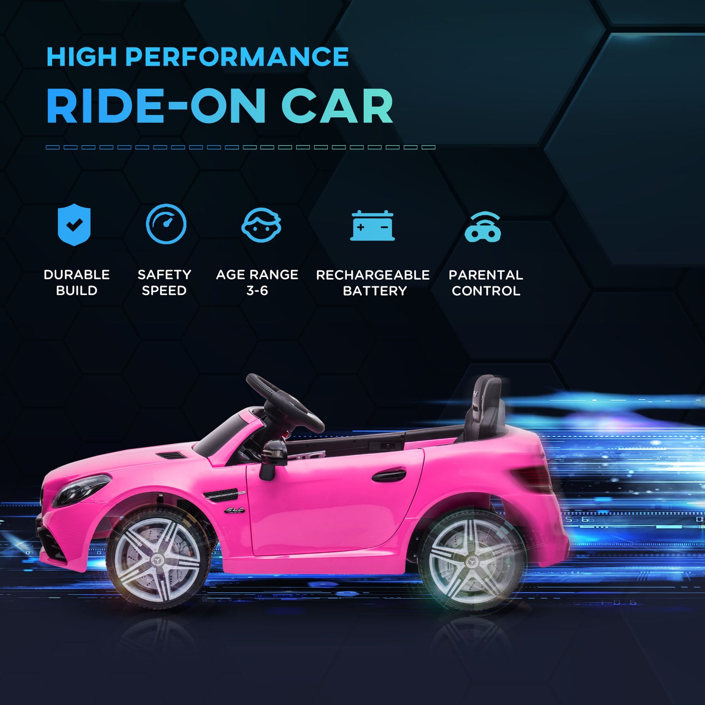 12V car with parental remote control, two motors, musical lights, suspended wheels, for 3 to 6 years old, pink