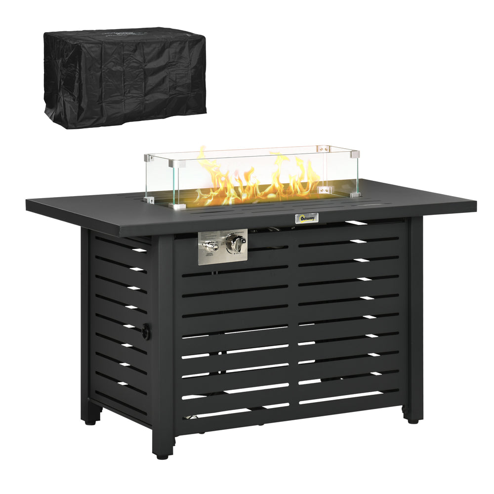 Foyer d'extérieur au gaz propane avec plateau en acier, pare-vent en verre et couvercle, idéal pour terrasse ou jardin