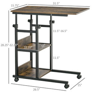 Bureau debout mobile à hauteur réglable avec roulettes, marron rustique