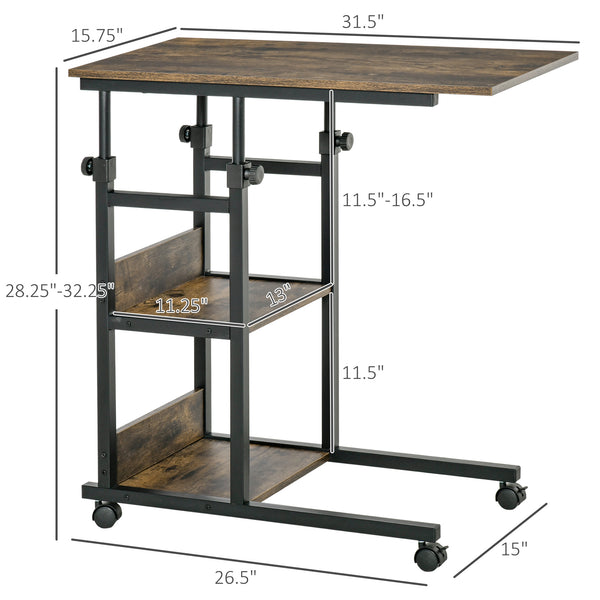 Bureau debout mobile à hauteur réglable avec roulettes, marron rustique