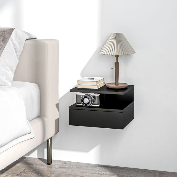 Set of 2 wall-mounted bedside tables with drawer and shelf, black