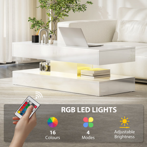 Table basse avec éclairage LED réglable et 2 tiroirs, blanc brillant
