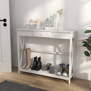 2-tier narrow console table, X design, with drawer and storage shelf, white