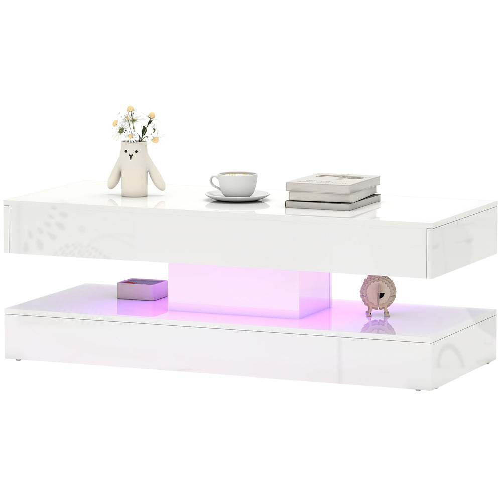 Table basse avec éclairage LED réglable et 2 tiroirs, blanc brillant
