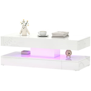 Table basse avec éclairage LED réglable et 2 tiroirs, blanc brillant