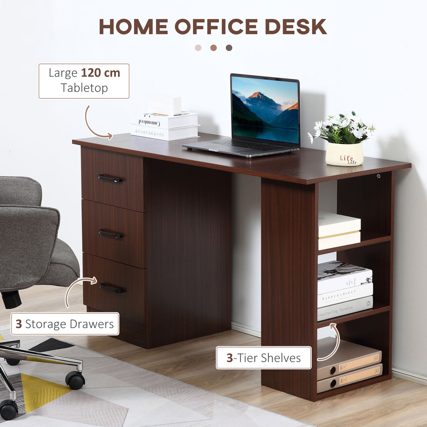 HOMCOM Computer Desk with 3-Tier Storage Shelves, 47-inch Home Office Desk with Drawers, Study and Writing Table, Walnut Color