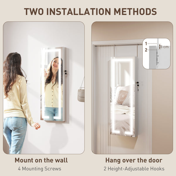 Armoire à bijoux avec éclairage LED et miroir, fixation murale, blanche