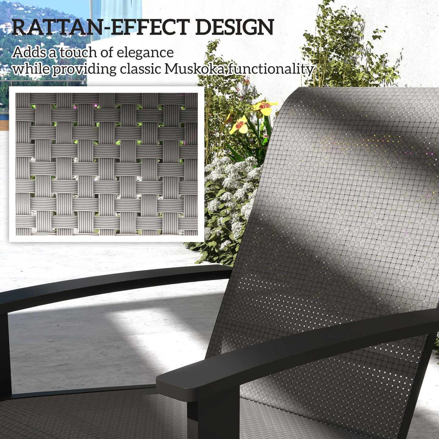Chaise Adirondack d'extérieur Muskoka avec cadre en aluminium, assise en maille, dossier haut pour jardin et terrasse, gris foncé