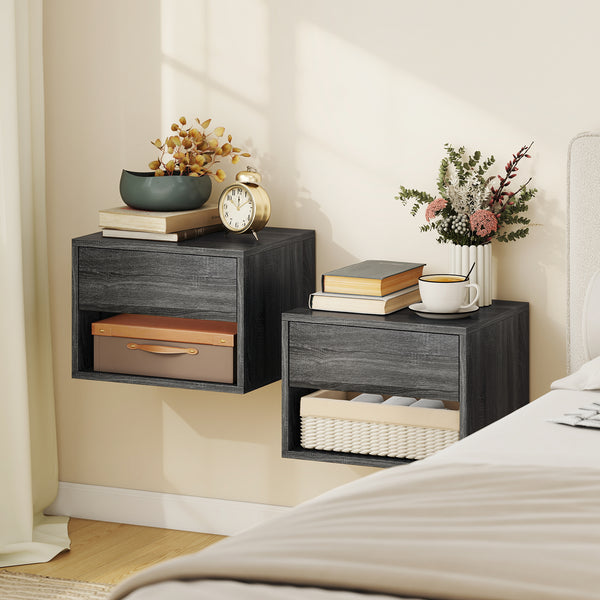 Floating Nightstand Set of 2, Wall Mounted Bedside Table with Drawer for Bedroom, Gray