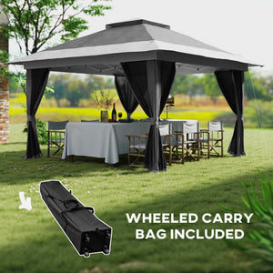 Gazebo 11,7' x 11,7' avec filet, abri solaire instantané UPF50+ avec sac de transport à roulettes et sacs de sable